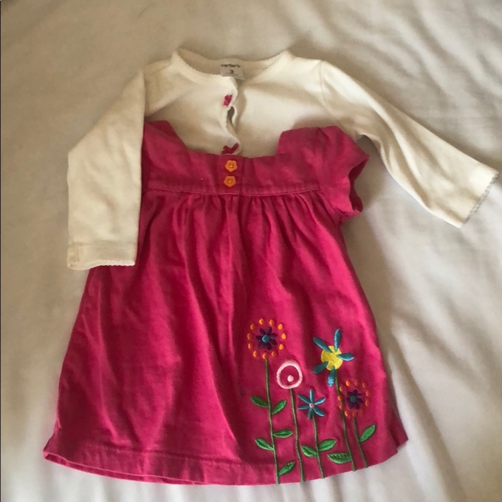 Cute little pink dress with white cardigan!